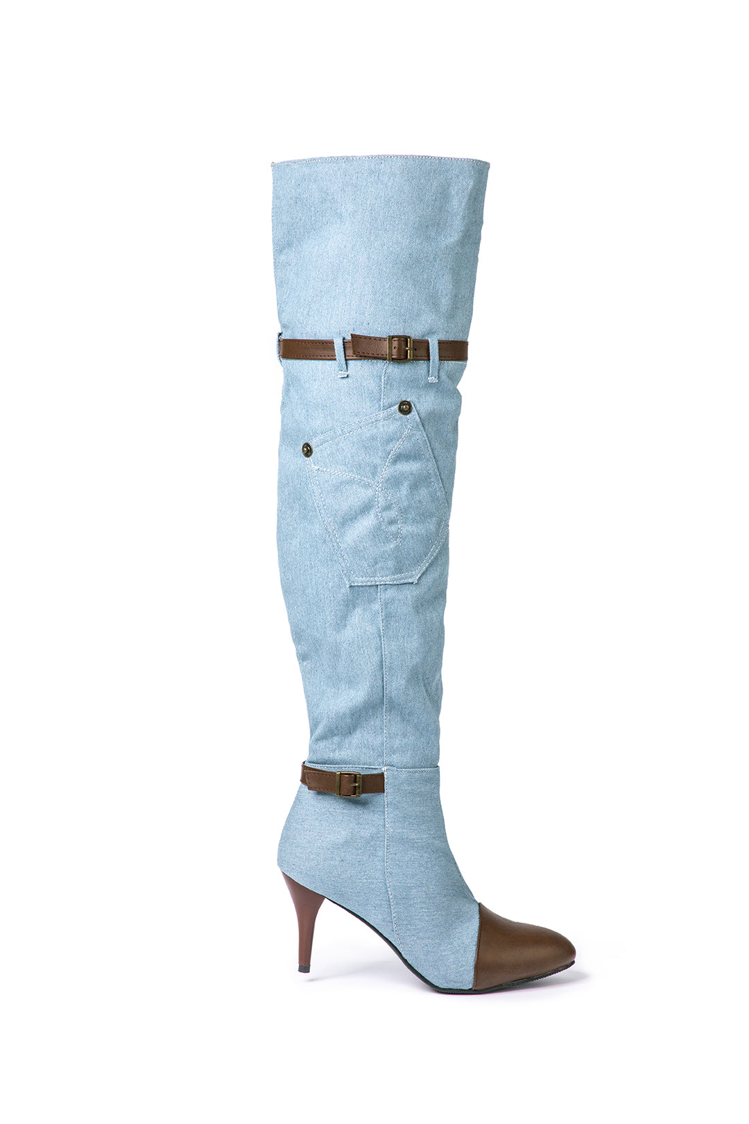 Denim Patchwork High Heel Almond Toe Over The Knee Boots Dreamardi