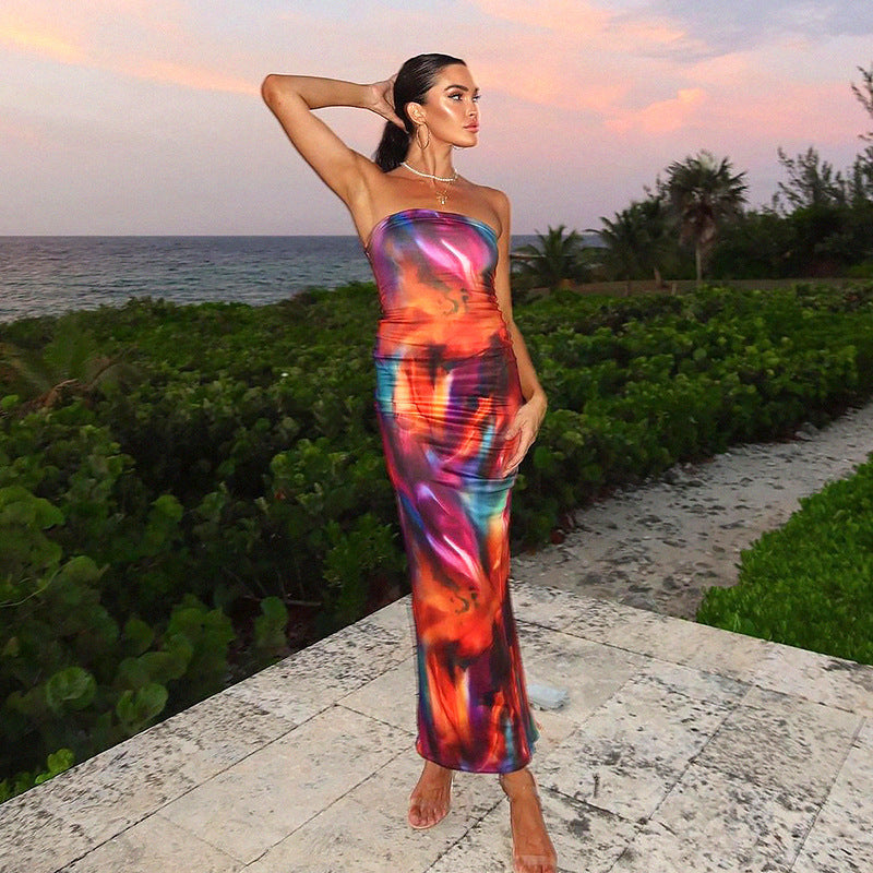 Color Blooming Printed Tube Top Long Dress Dreamardi