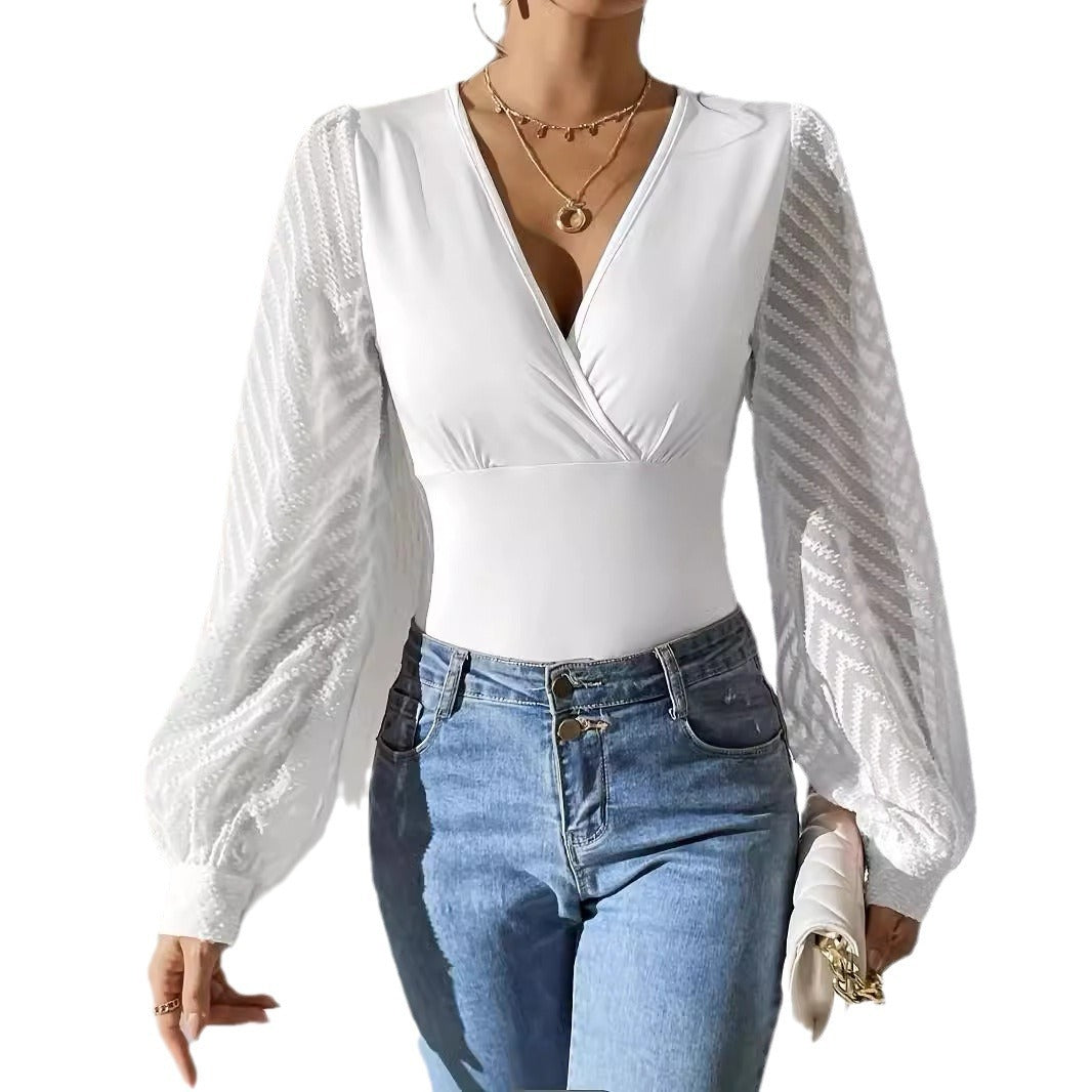 Women's Chiffon Stitching Solid Color Knitted Deep V Long Sleeve Top Dreamardi