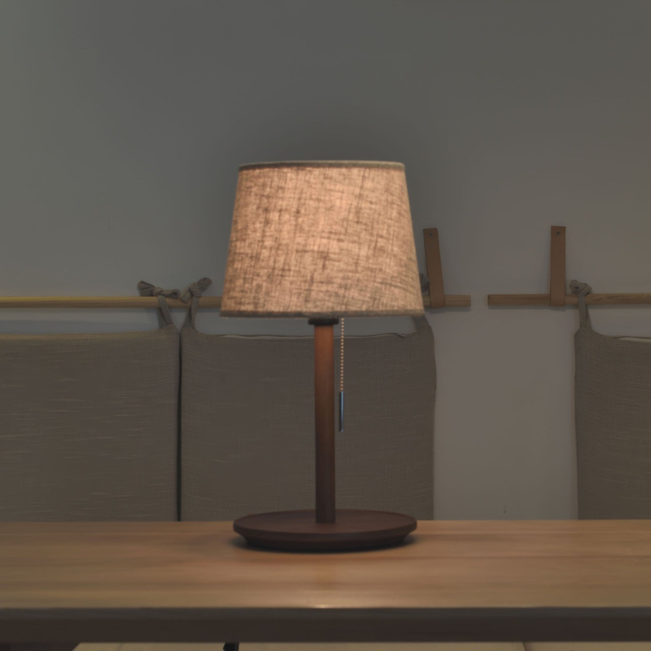 TimberGlow - Elegant Walnut Structure with Fabric Details Table Lamp