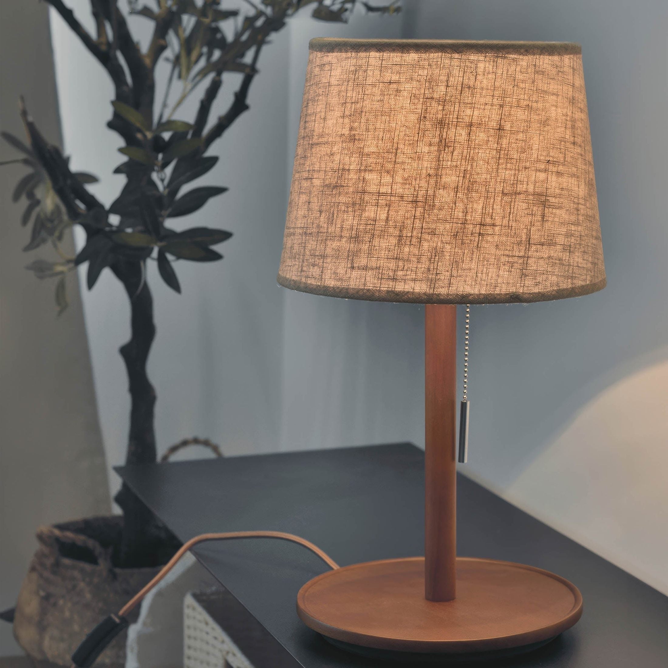 TimberGlow - Elegant Walnut Structure with Fabric Details Table Lamp