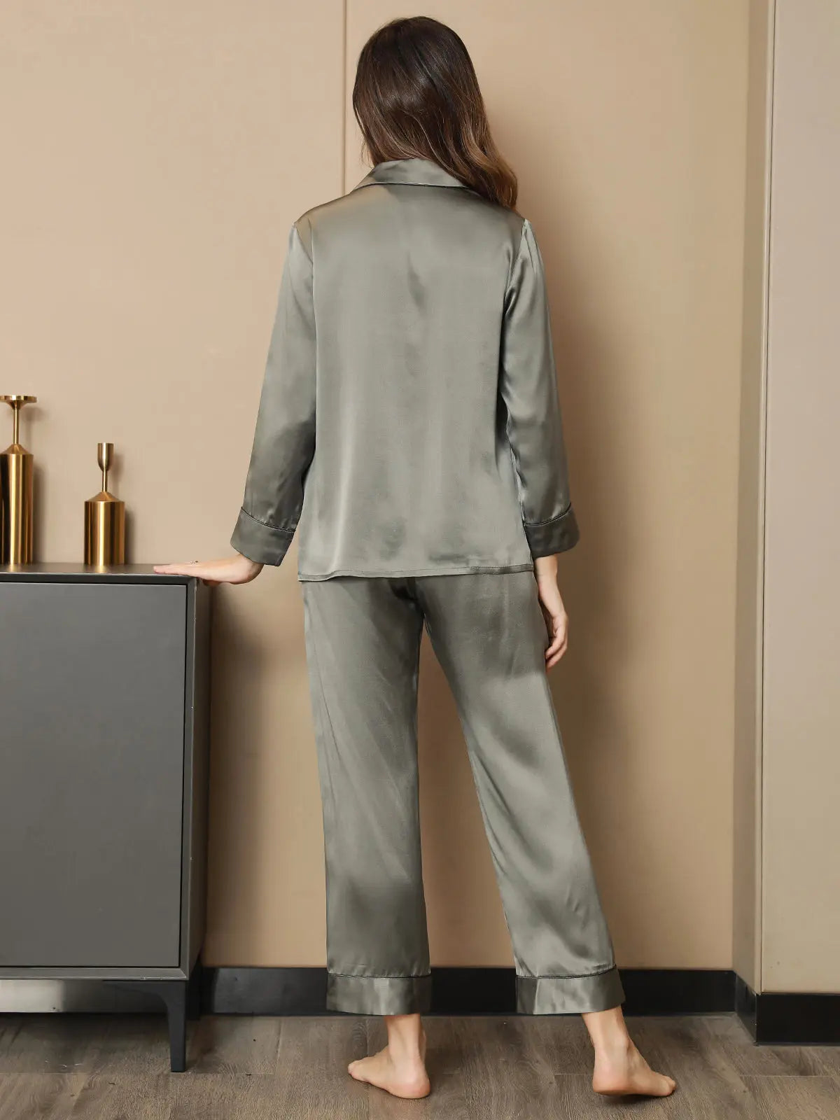 Moerbei Zijde Binding Trim Klassiek Pyjama Set Dreamardi