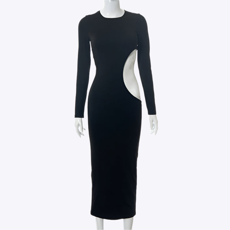 Women's Solid Color Long Sleeve O Neck Hollow Dress Dreamardi