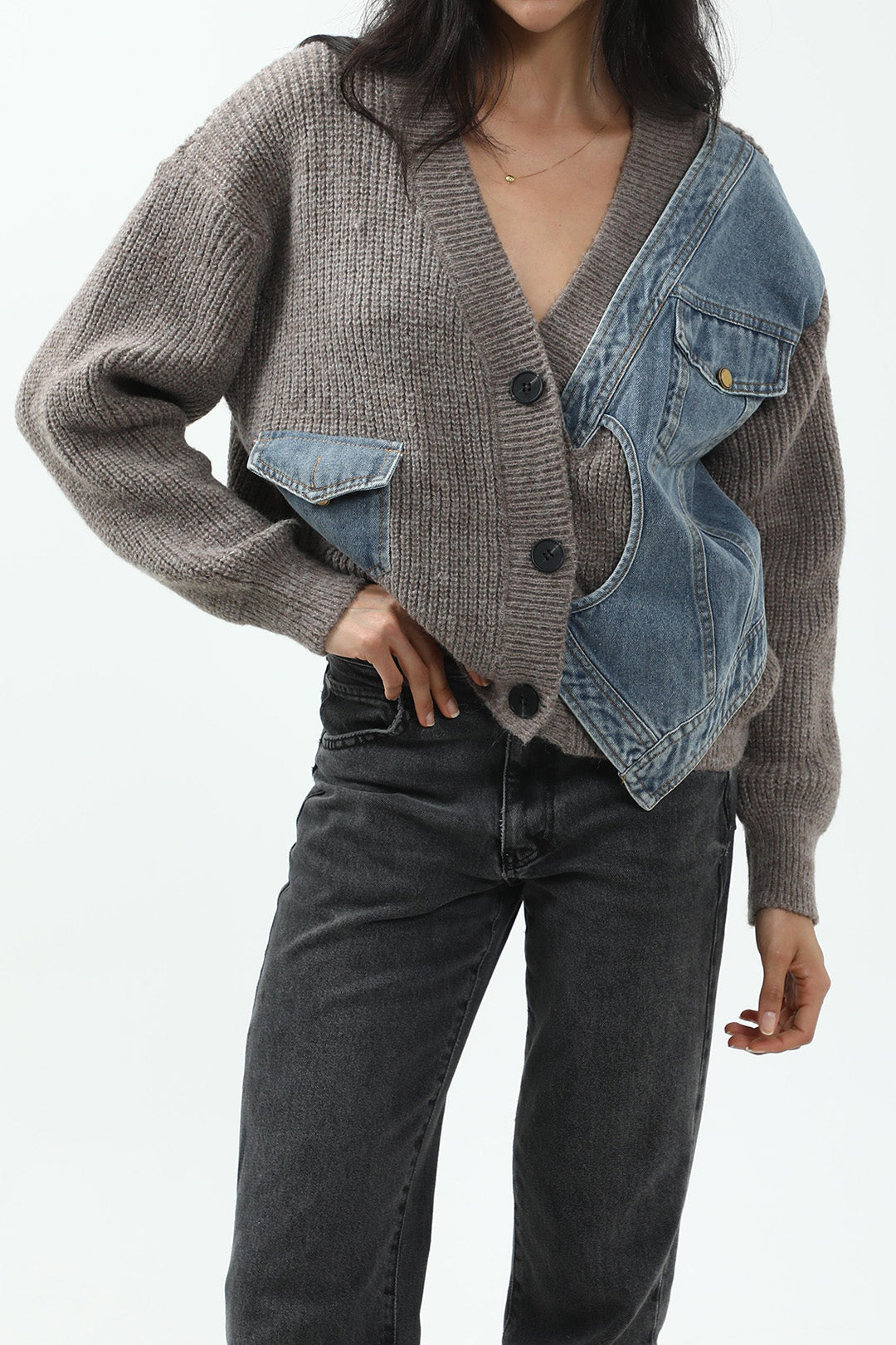 Patchwork Denim Knit Color Block Button Asymmetrical Pocket Cardigan Dreamardi