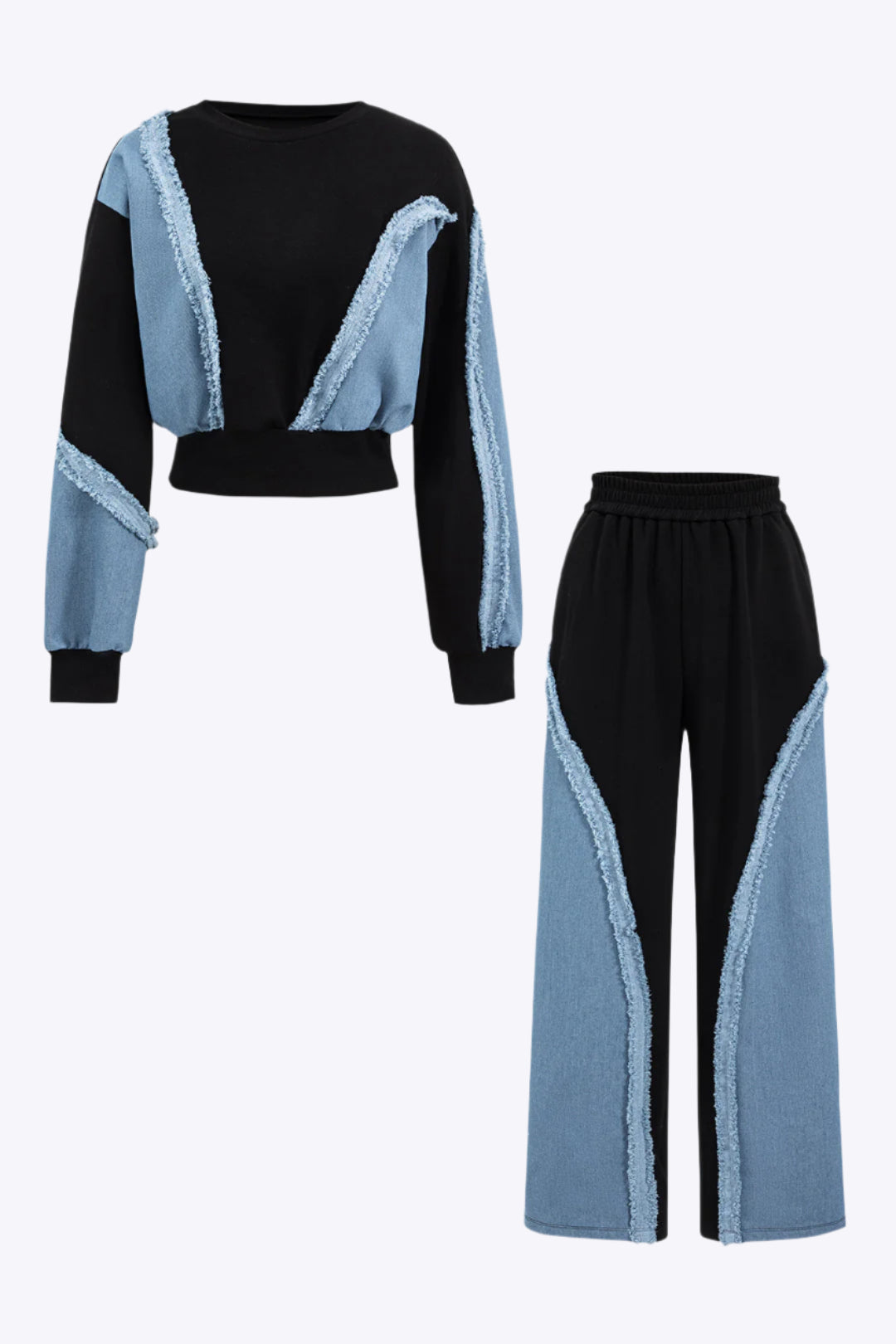 Denim Patchwork Long Sleeve Top And Wide Leg Trousers Set Dreamardi