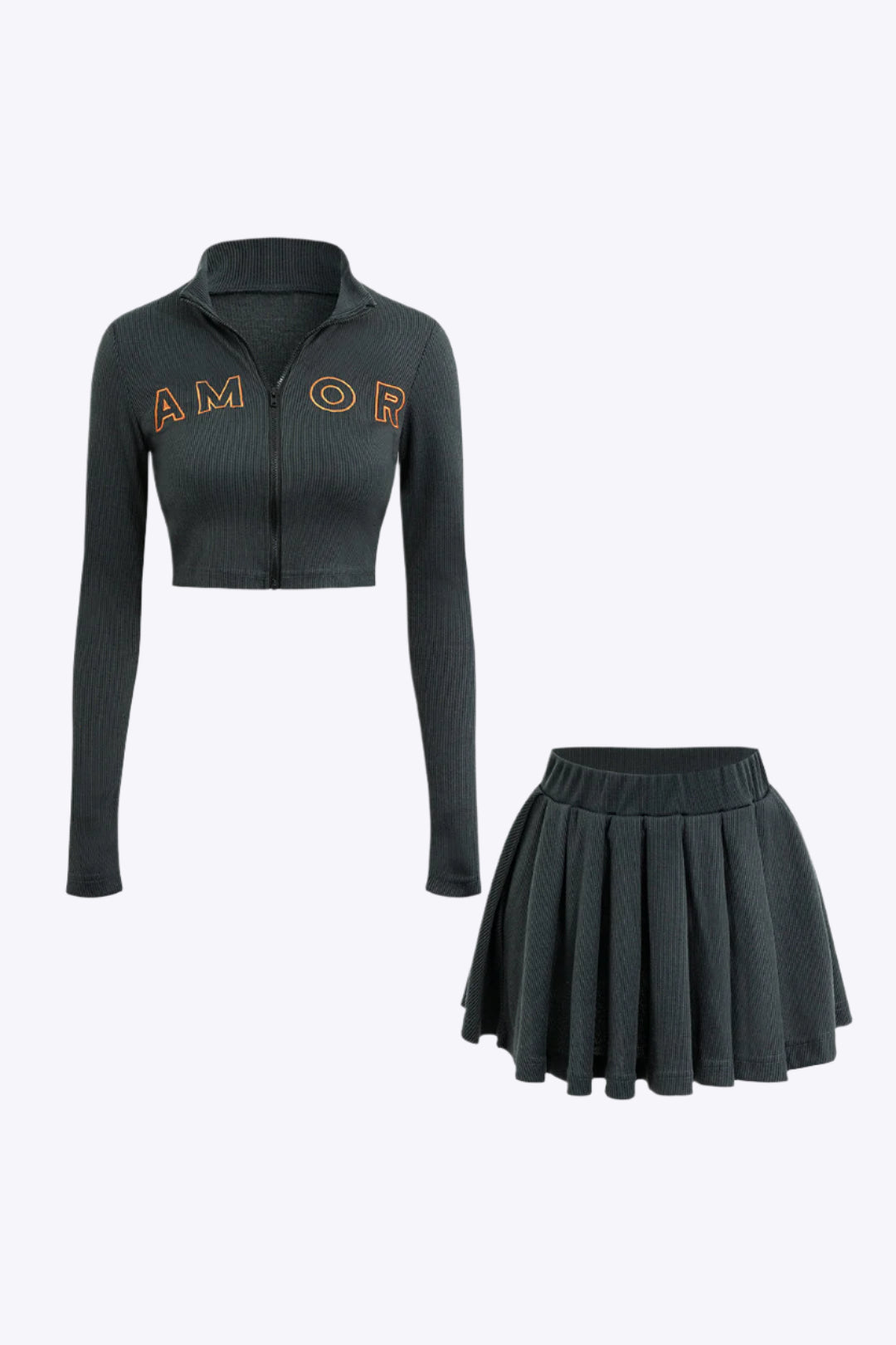 Letter Embroidered Rib Knit Stand Collar Zipper Crop Cardigan And Pleated Mini Skirt Set Dreamardi