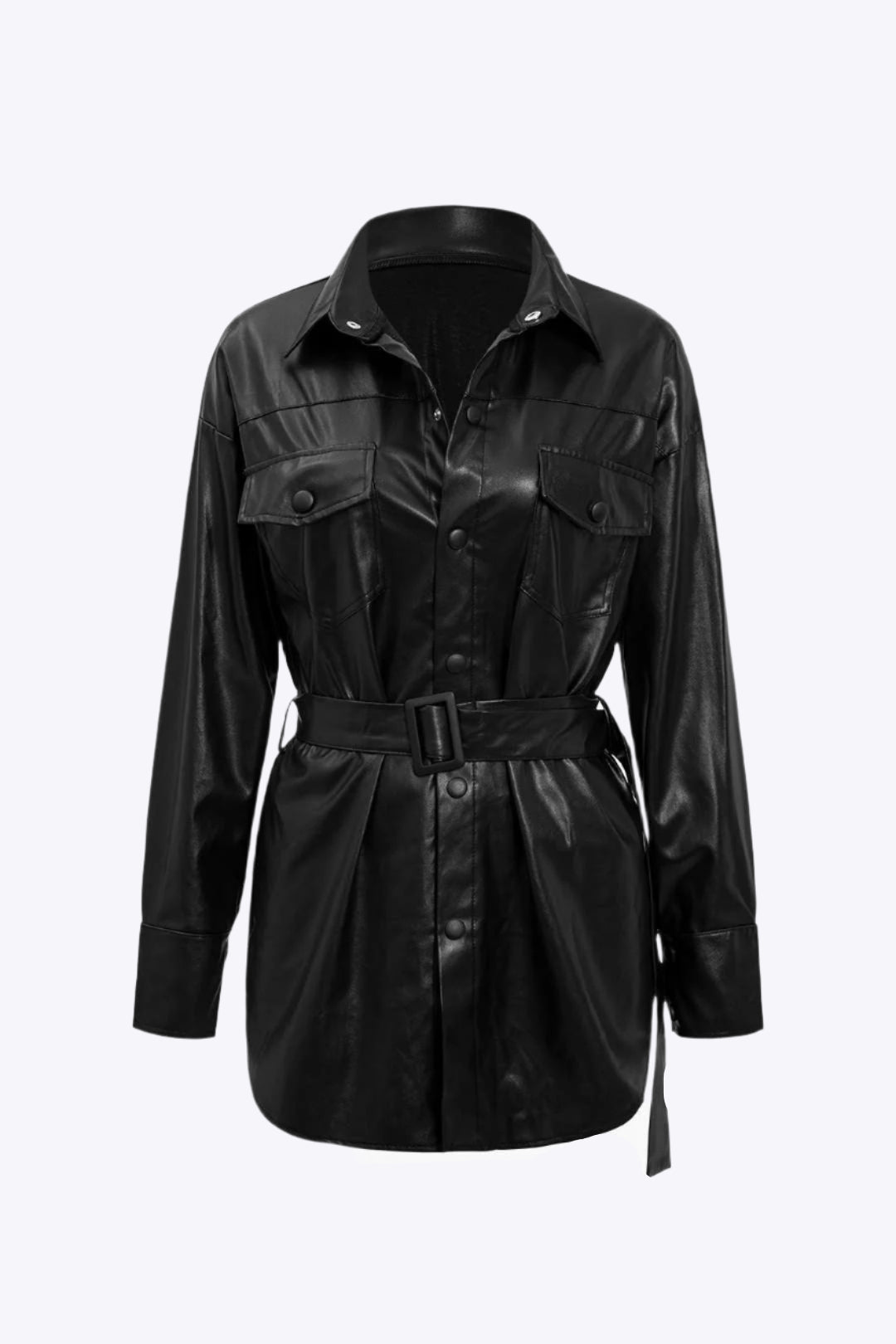 Solid Faux Leather Belted Long-Sleeve Shirt Dreamardi