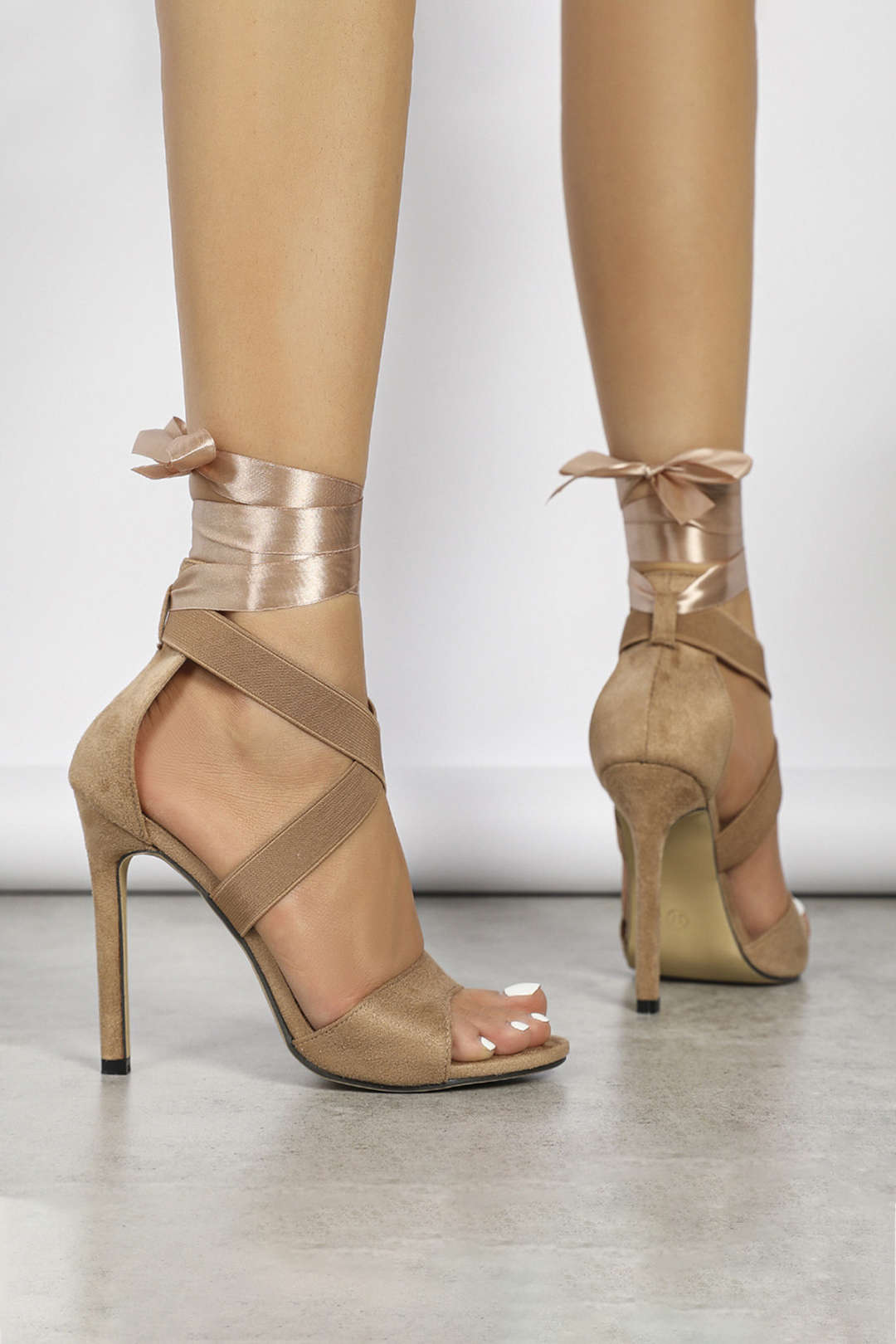 Faux Suede Crossed Tie-Up Heels Dreamardi