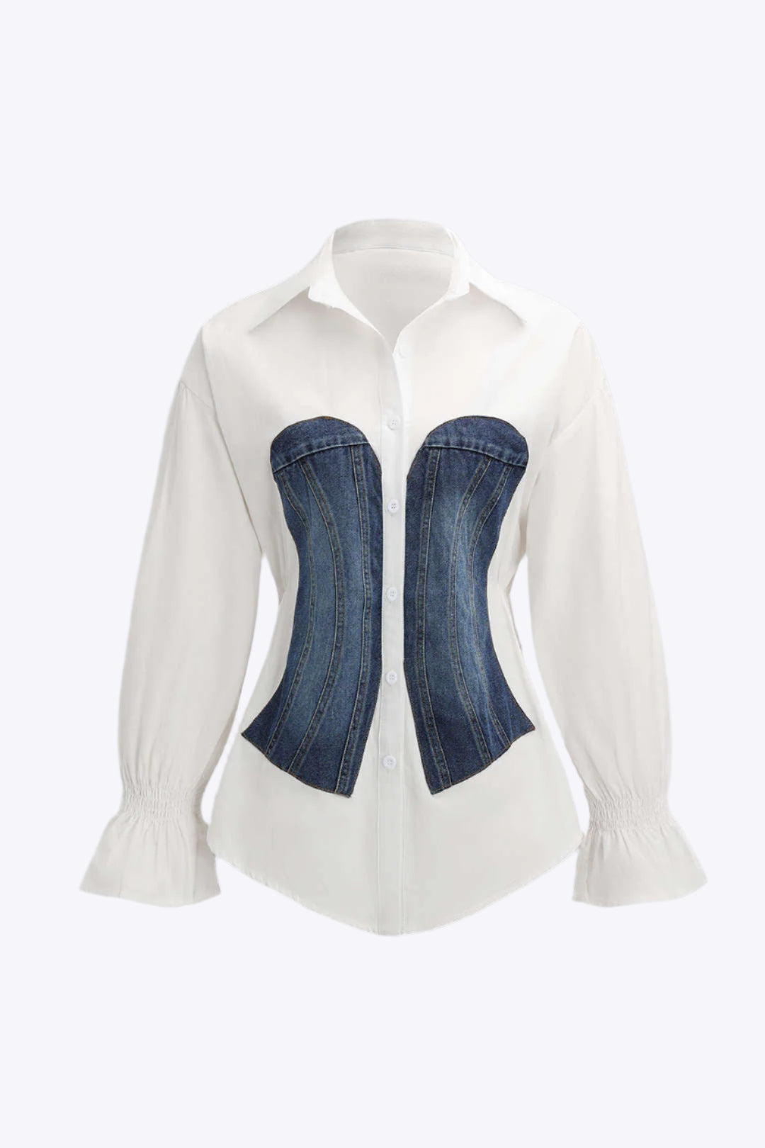 Denim Patchwork Corset Waist Long-Sleeve Shirt Dreamardi