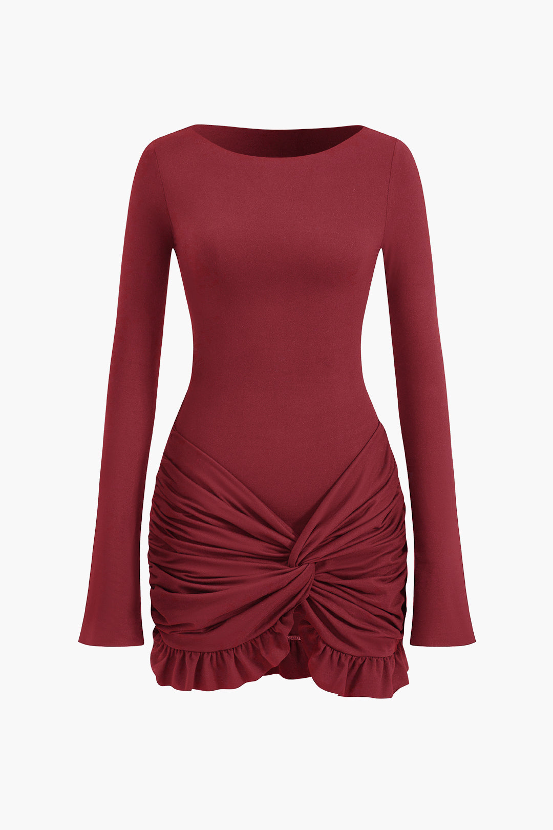 Solid Ruffle Ruched Twist Long Sleeve Mini Dress Dreamardi