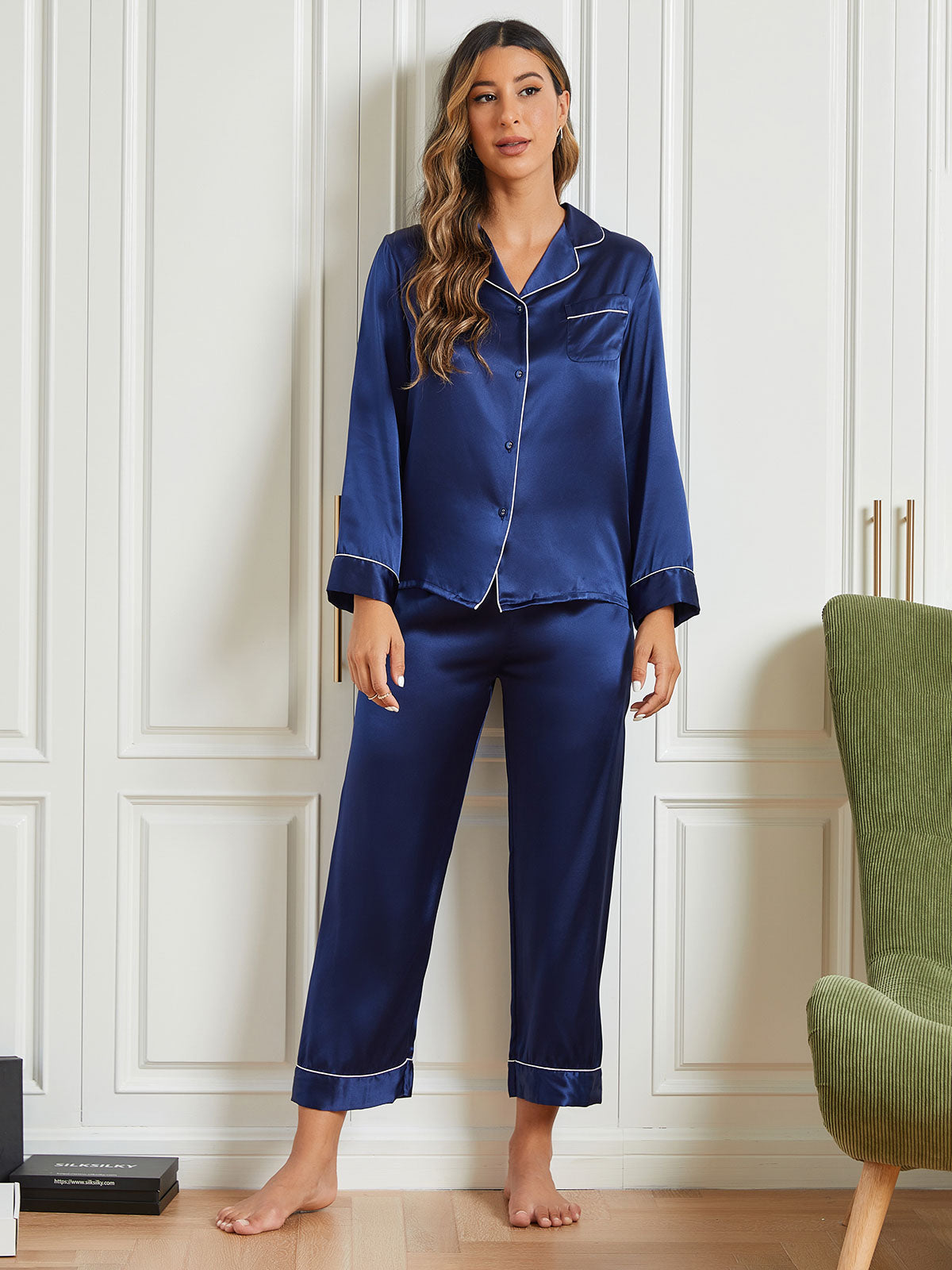 Moerbei Zijde Binding Trim Klassiek Pyjama Set Dreamardi