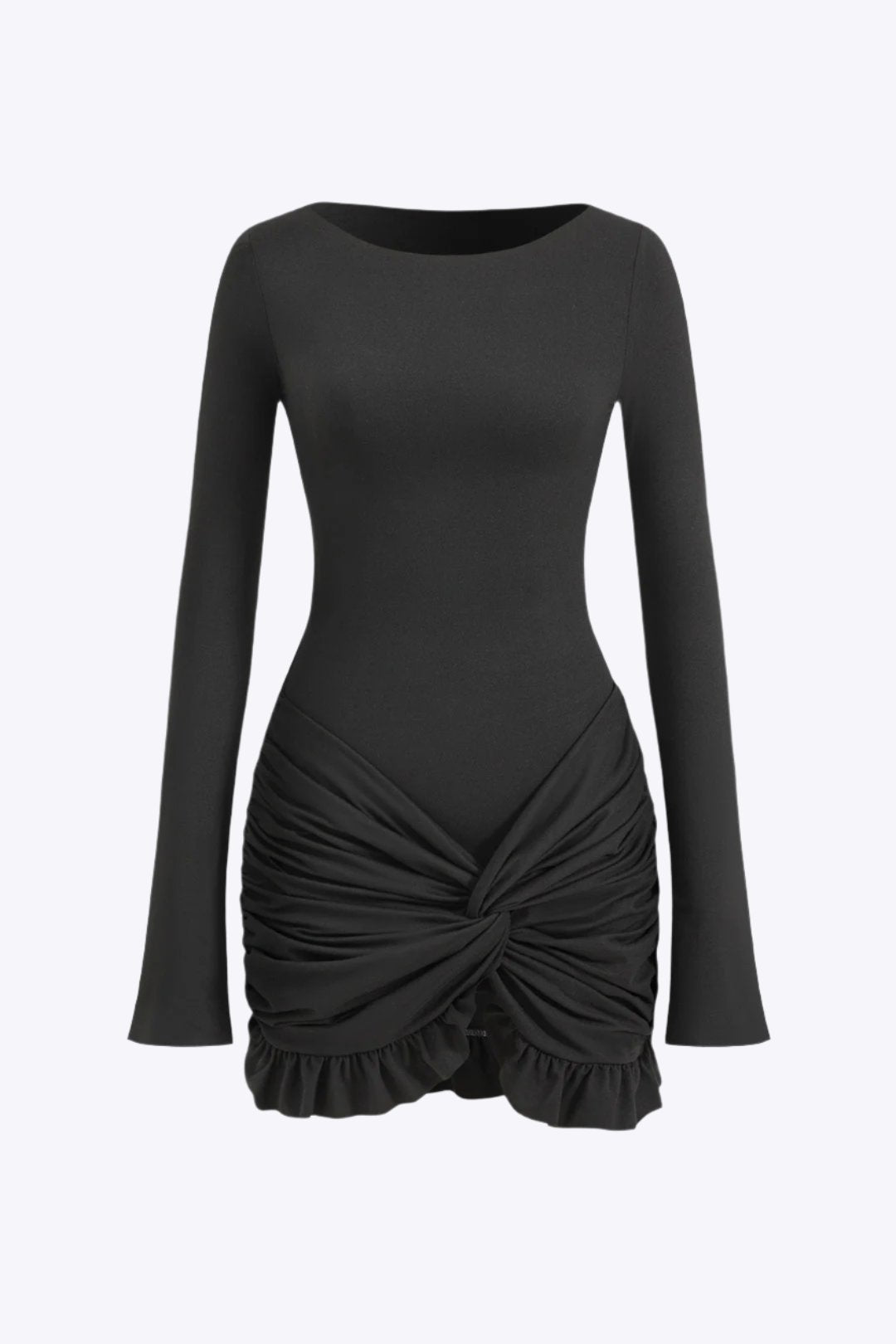 Solid Ruffle Ruched Twist Long Sleeve Mini Dress Dreamardi