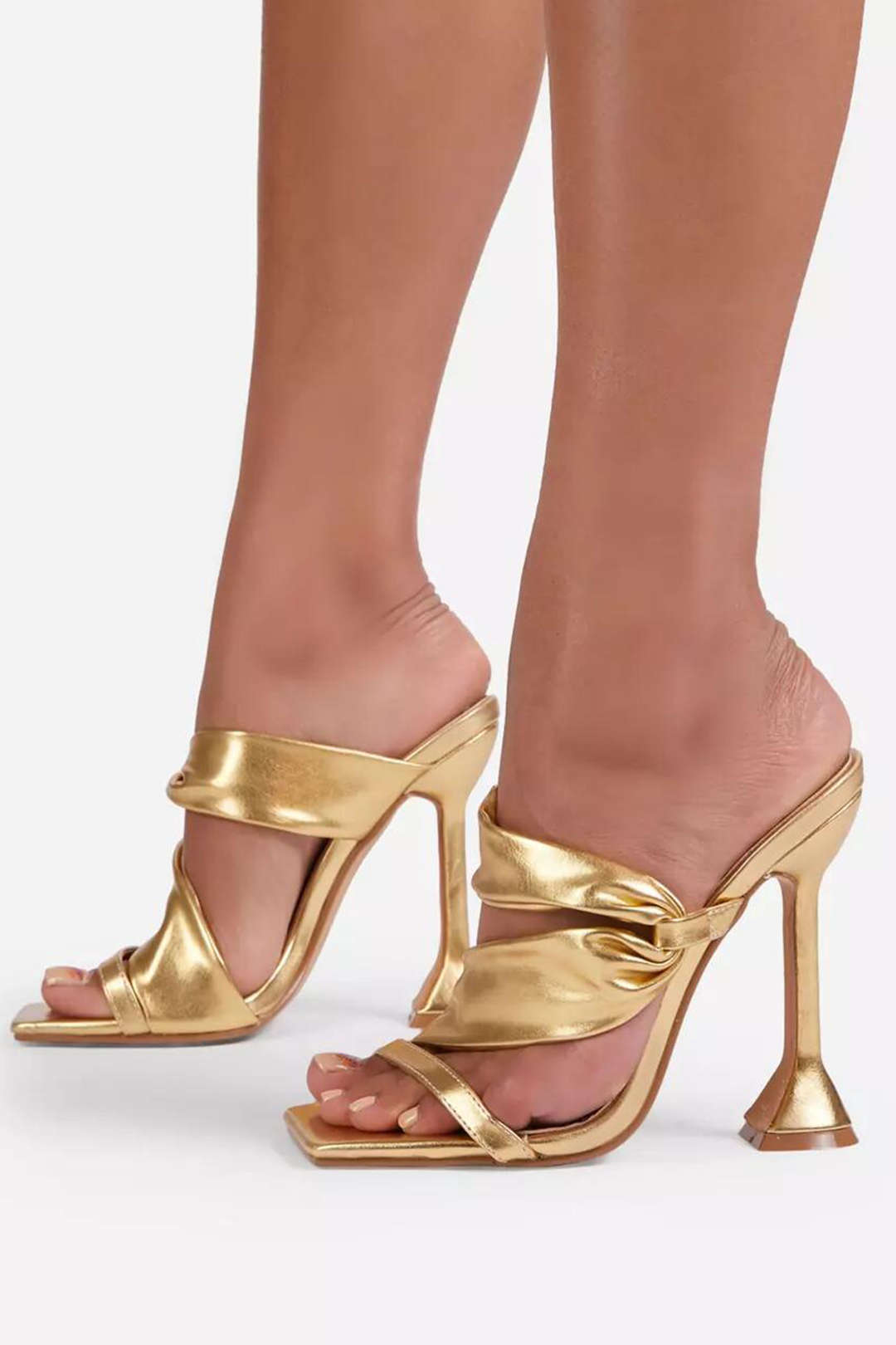 Metallic Ruched Square-toe High Heels Sandals Dreamardi