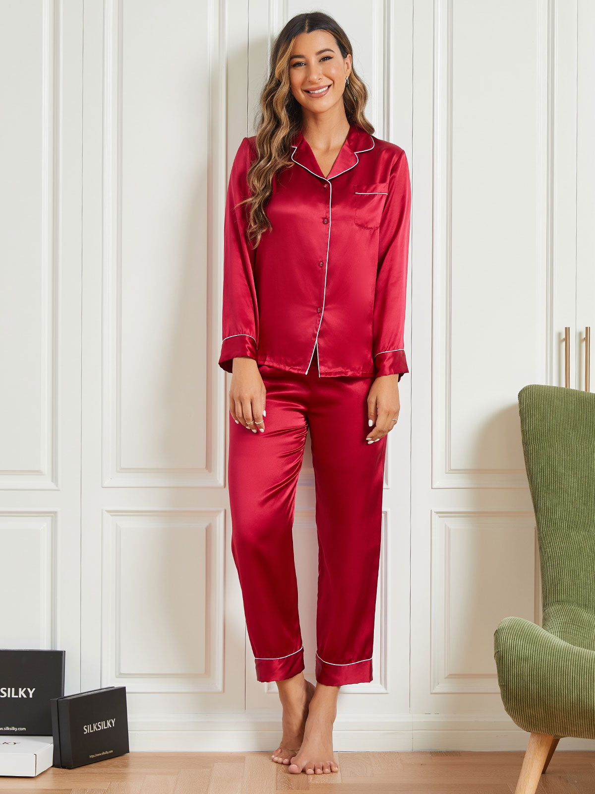 Binding Trim Lange Mouw Moerbei Zijde Pyjama Set Dreamardi
