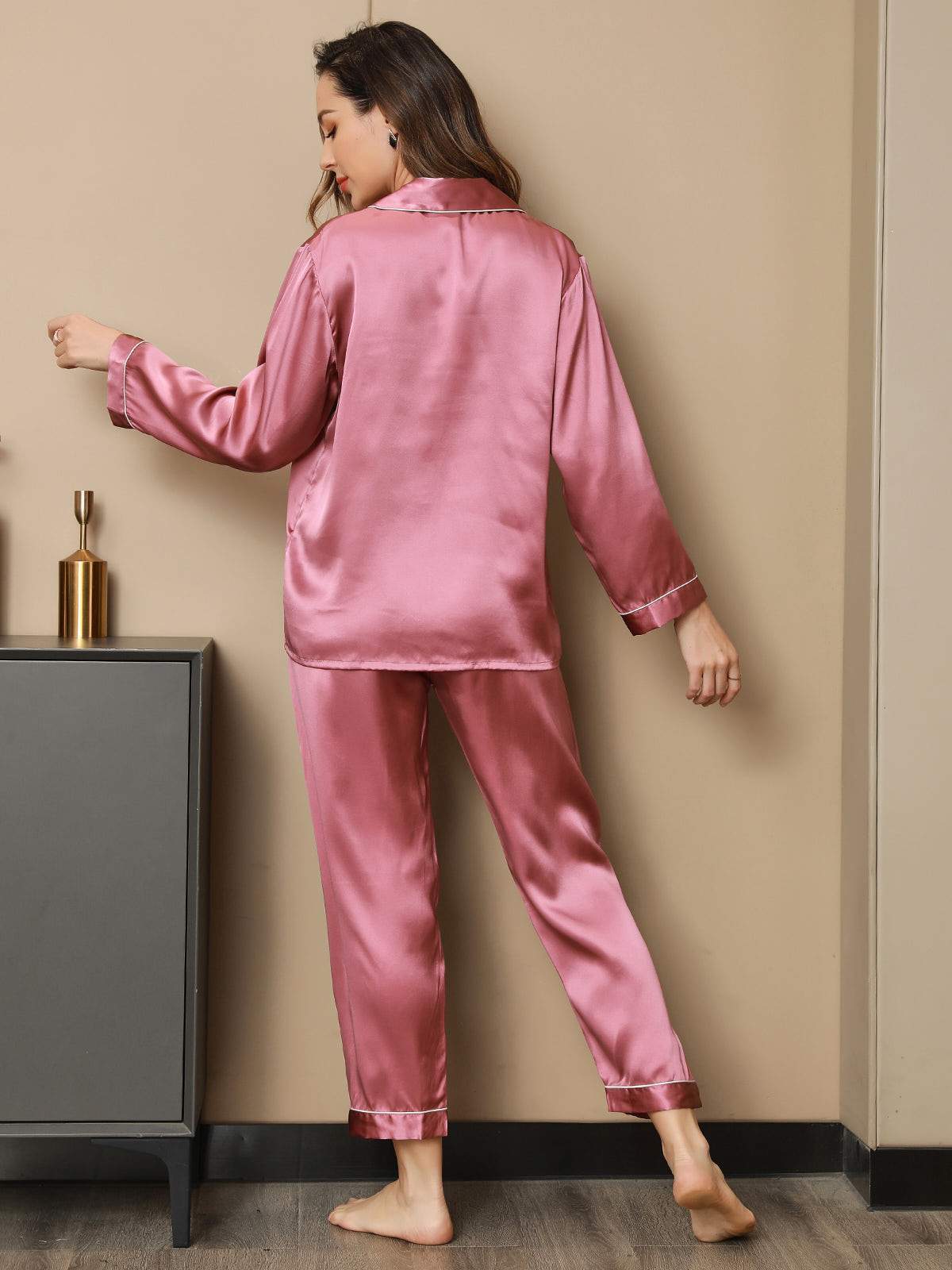 Binding Trim Lange Mouw Moerbei Zijde Pyjama Set Dreamardi