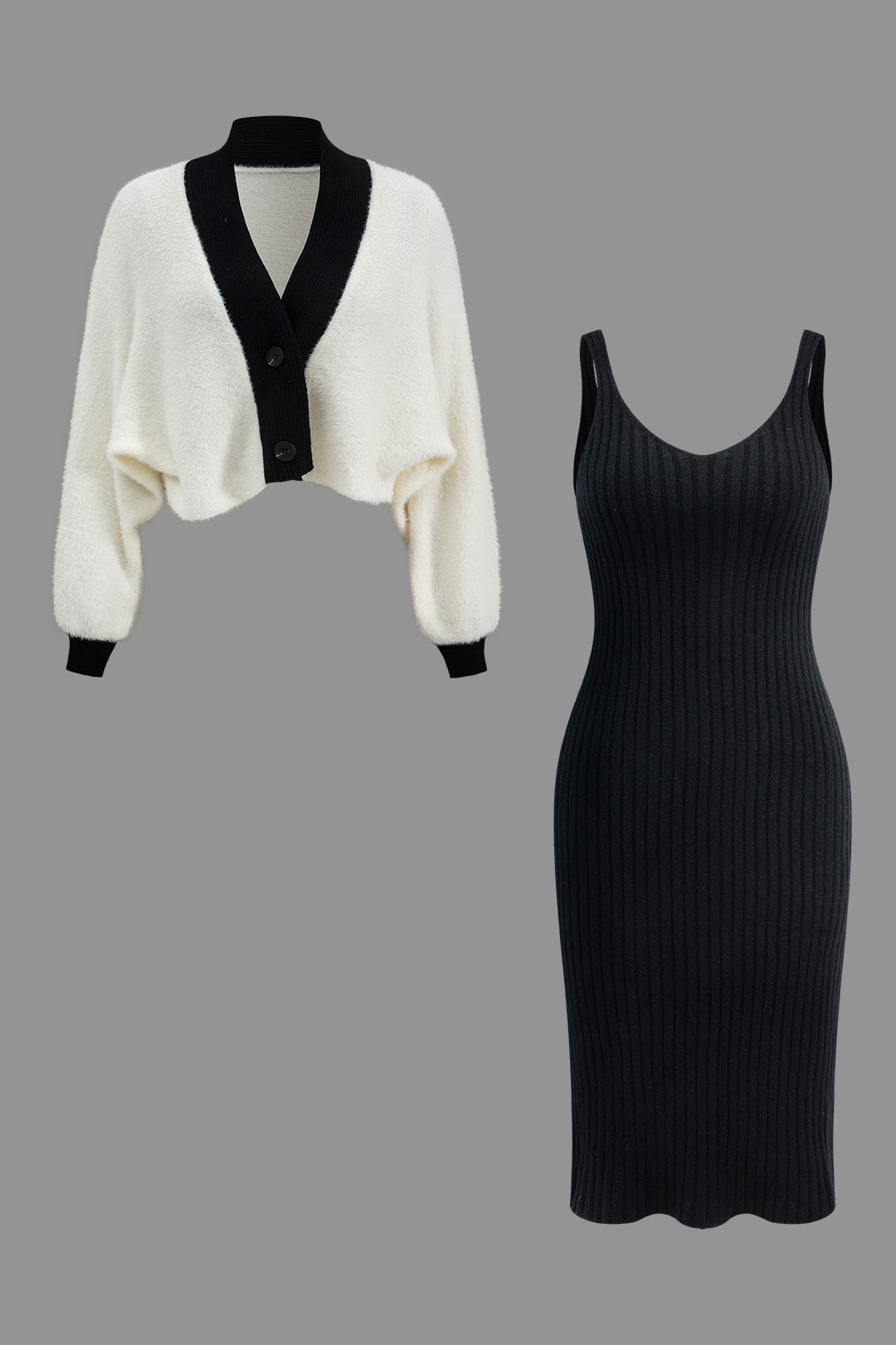 Contrast Sweater Button Cropped Cardigan And Slip Dress Set Dreamardi