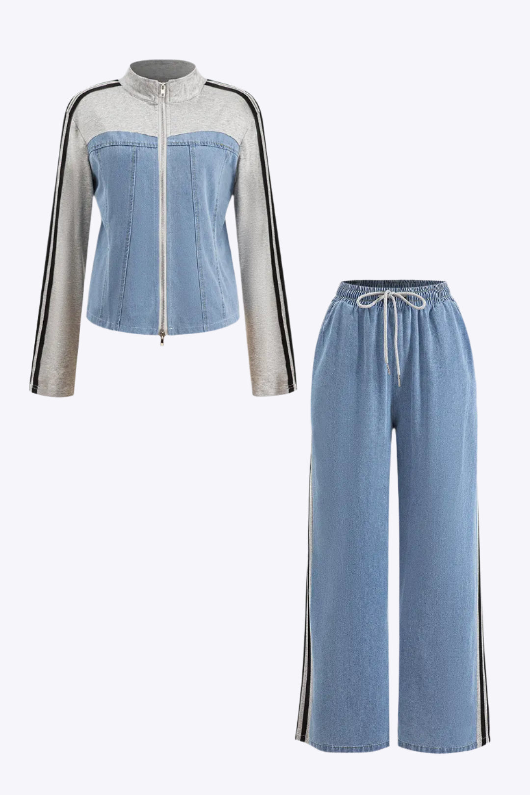 Denim Patchwork Zipper Long Sleeve Top And Knot Wide Leg Jeans Dreamardi