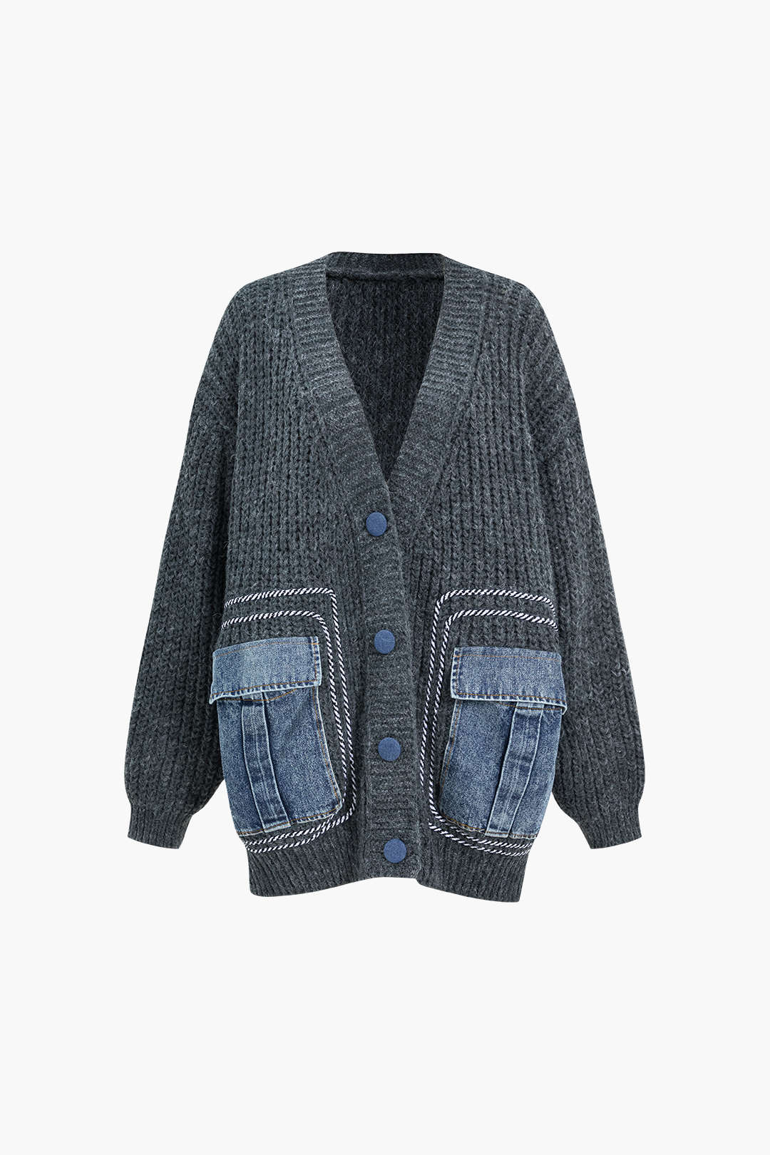 Denim Patchwork Button Pocket Sweater Cardigan Dreamardi