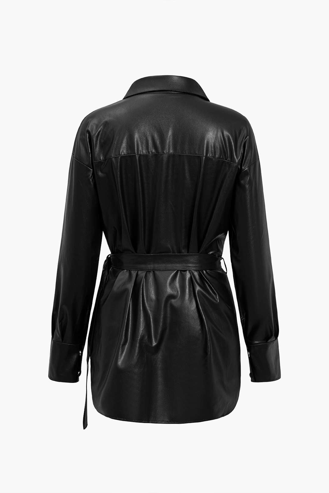 Solid Faux Leather Belted Long-Sleeve Shirt Dreamardi