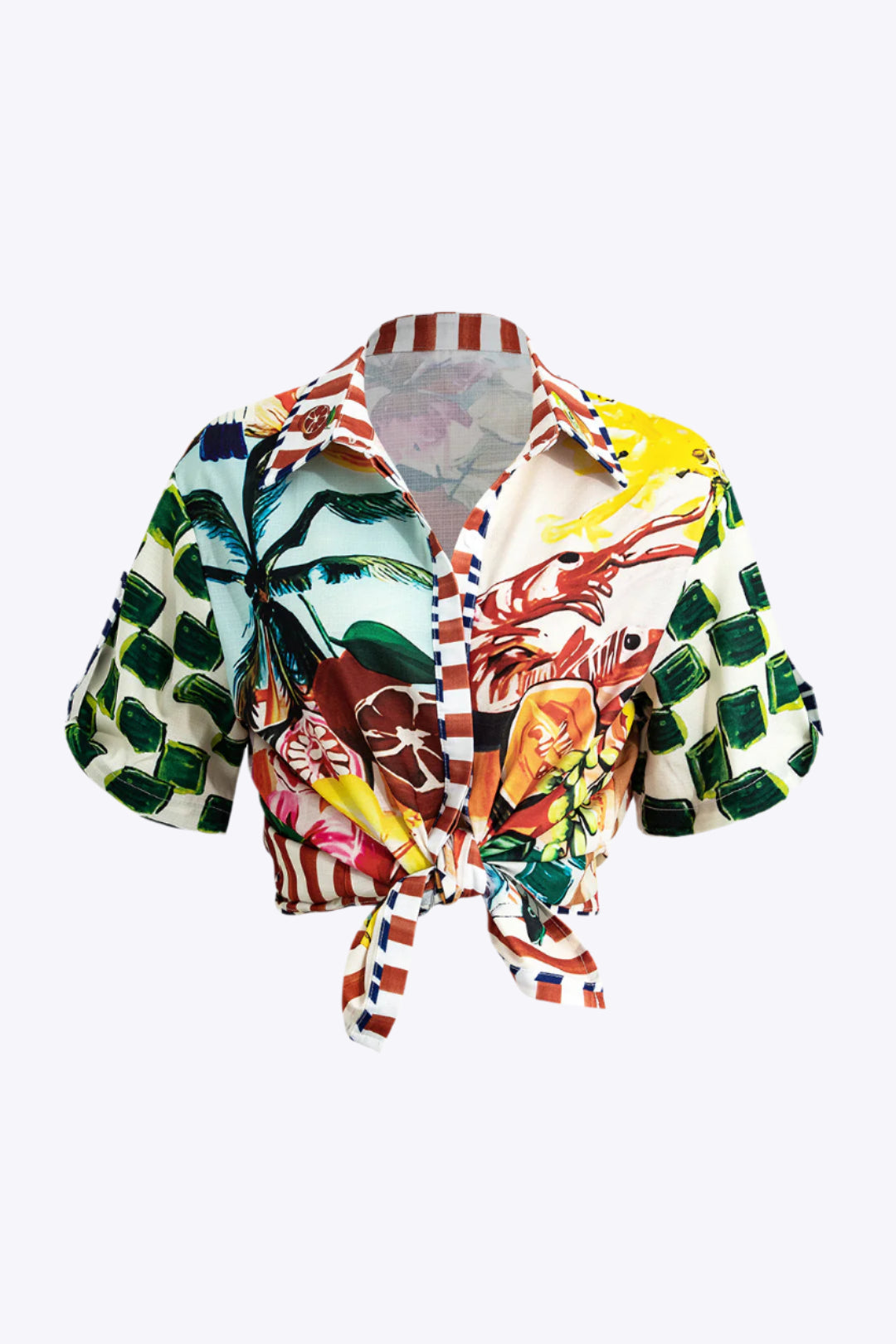 Tropical Print Tie Front Crop Shirt Dreamardi