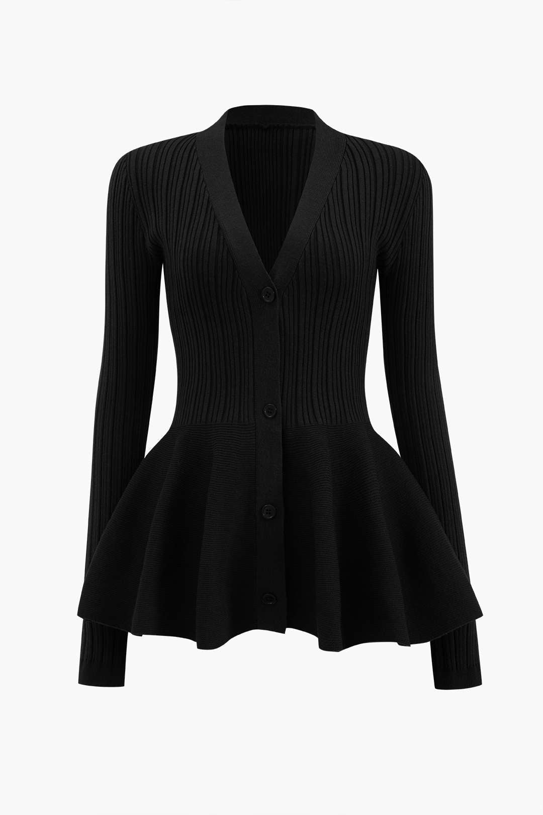 Solid V-neck Puff Hem Sweater Cardigan Dreamardi