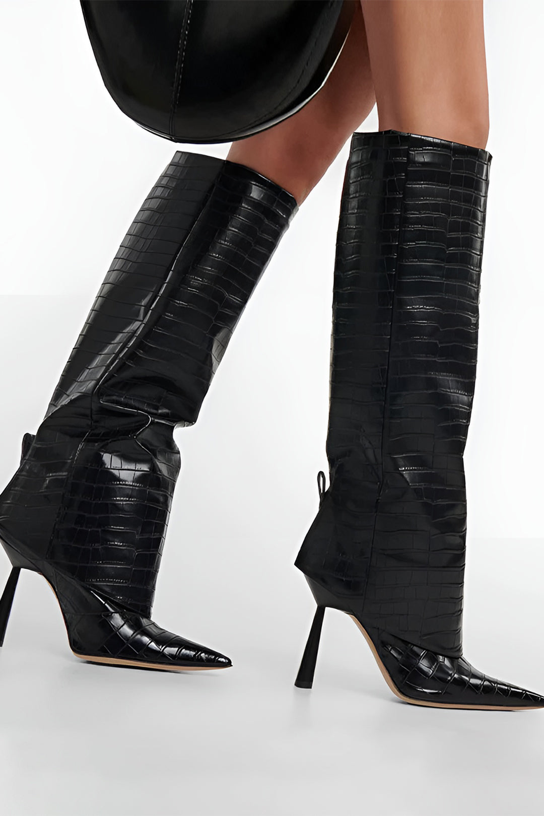 Crocodile Faux Leather Stiletto Pointed Toe Knee High Boots Dreamardi