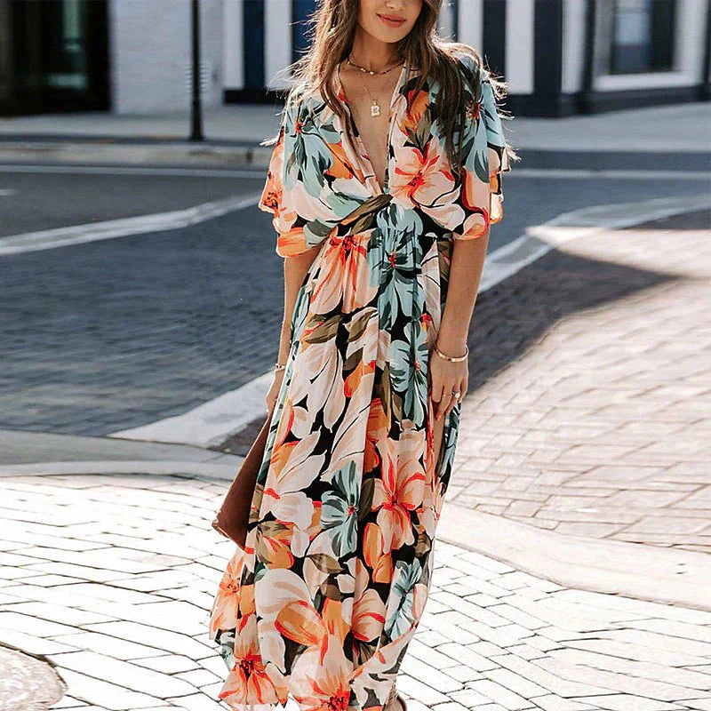 Sophronia - Chic Flower Detail with Slit Women's Maxi Dress