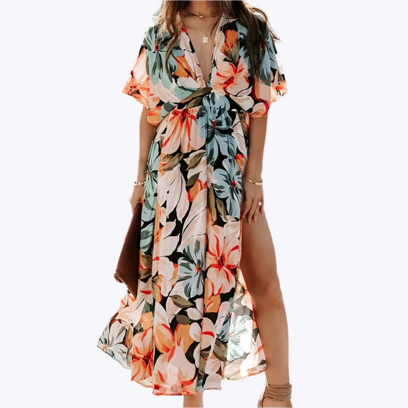 Sophronia - Chic Flower Detail with Slit Women's Maxi Dress